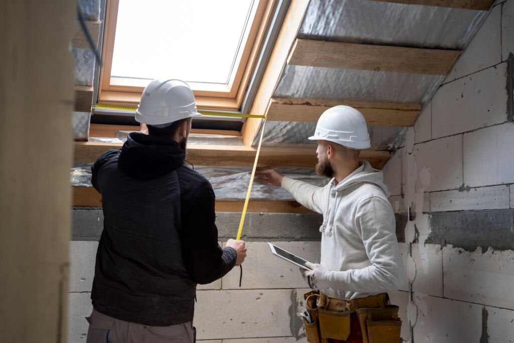 Deux artisans qui changent un velux afin de réaliser une rénovation énergétique d’un logement.